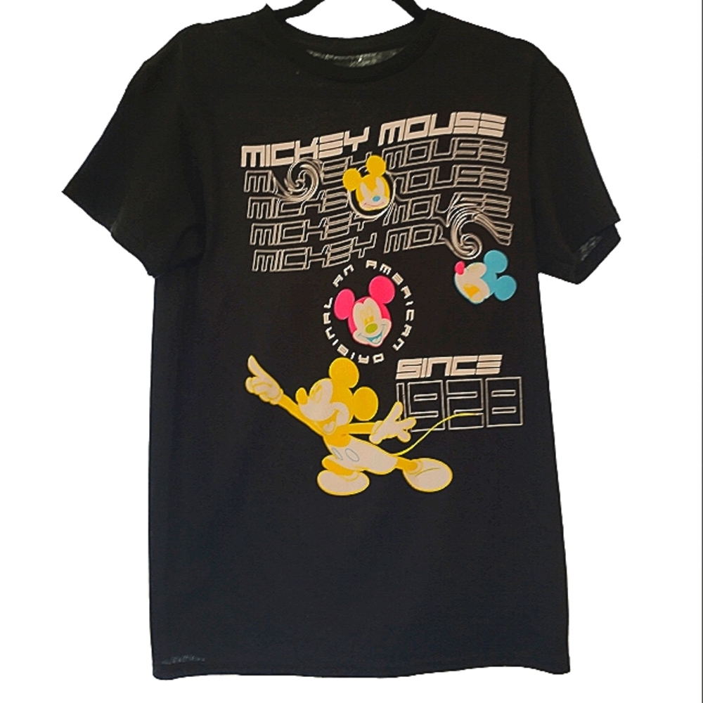 NEW Disney Mickey Mouse T Shirt Men's Size Small Black Neon Futuristic 90's Tee